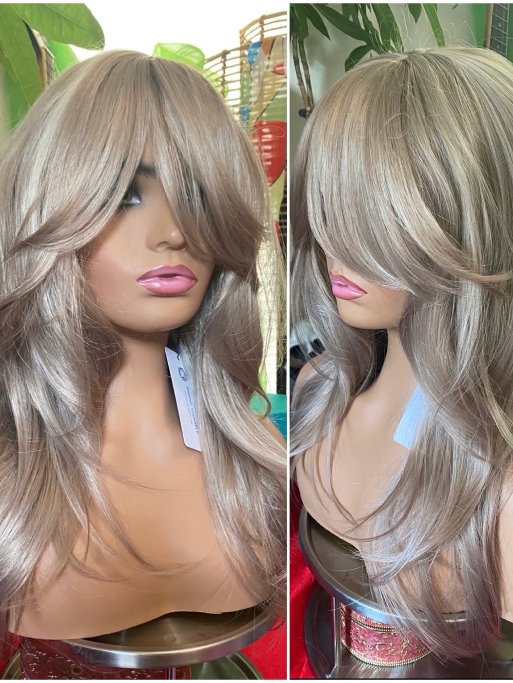Rose silver ash layered wig with highlights